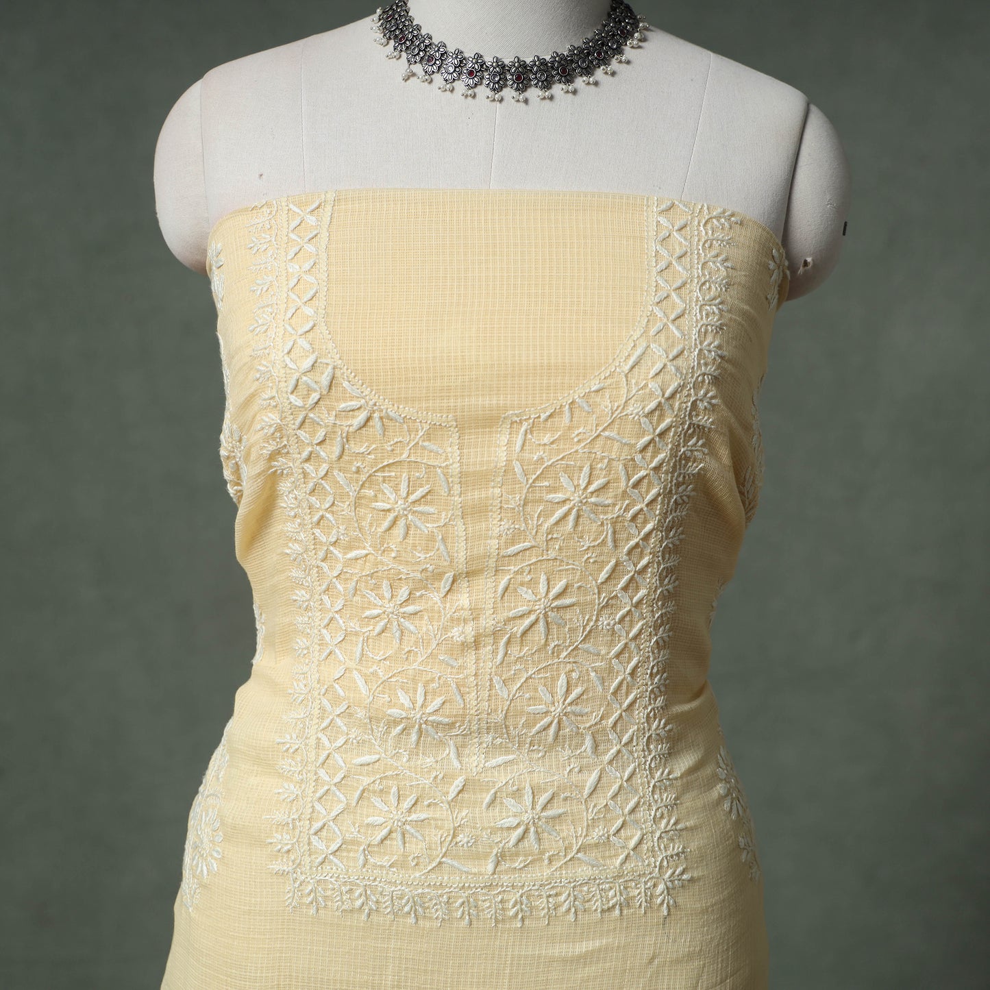 Lucknowi Chikankari Kota Doria Cotton Unstitched Dress Material: Kurta with Dupatta 32