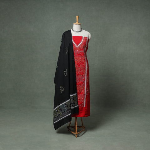 Red - Bengal Kantha Hand Embroidered Cotton Unstitched Dress Material: Kurta, Bottom & Dupatta 06