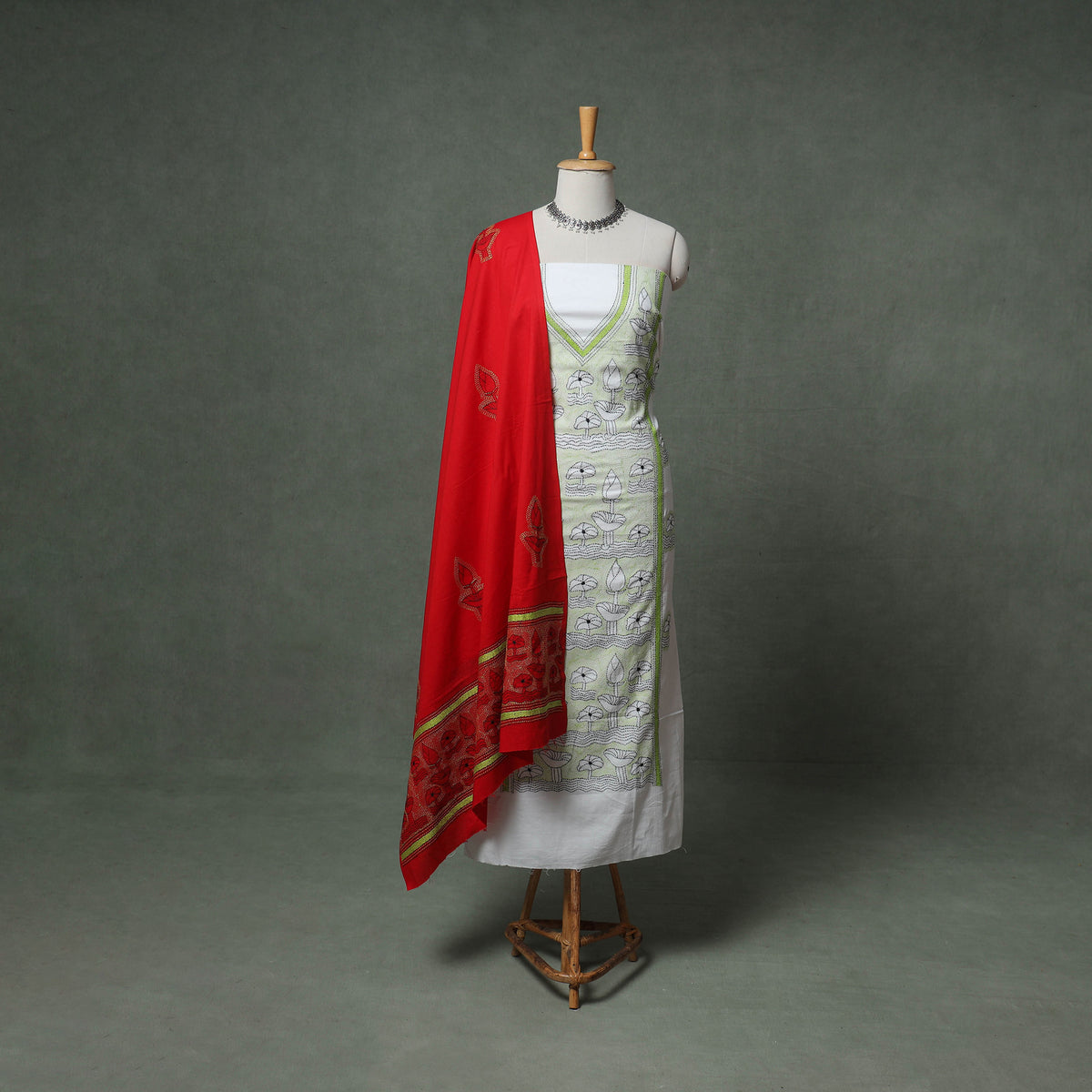 Bengal Kantha Hand Embroidered Cotton Unstitched Dress Material: Kurta, Bottom & Dupatta 01