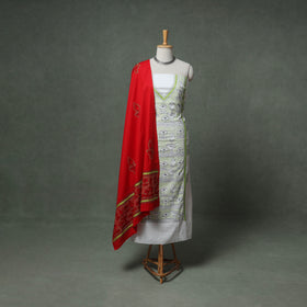 Bengal Kantha Hand Embroidered Cotton Unstitched Dress Material: Kurta, Bottom & Dupatta 01