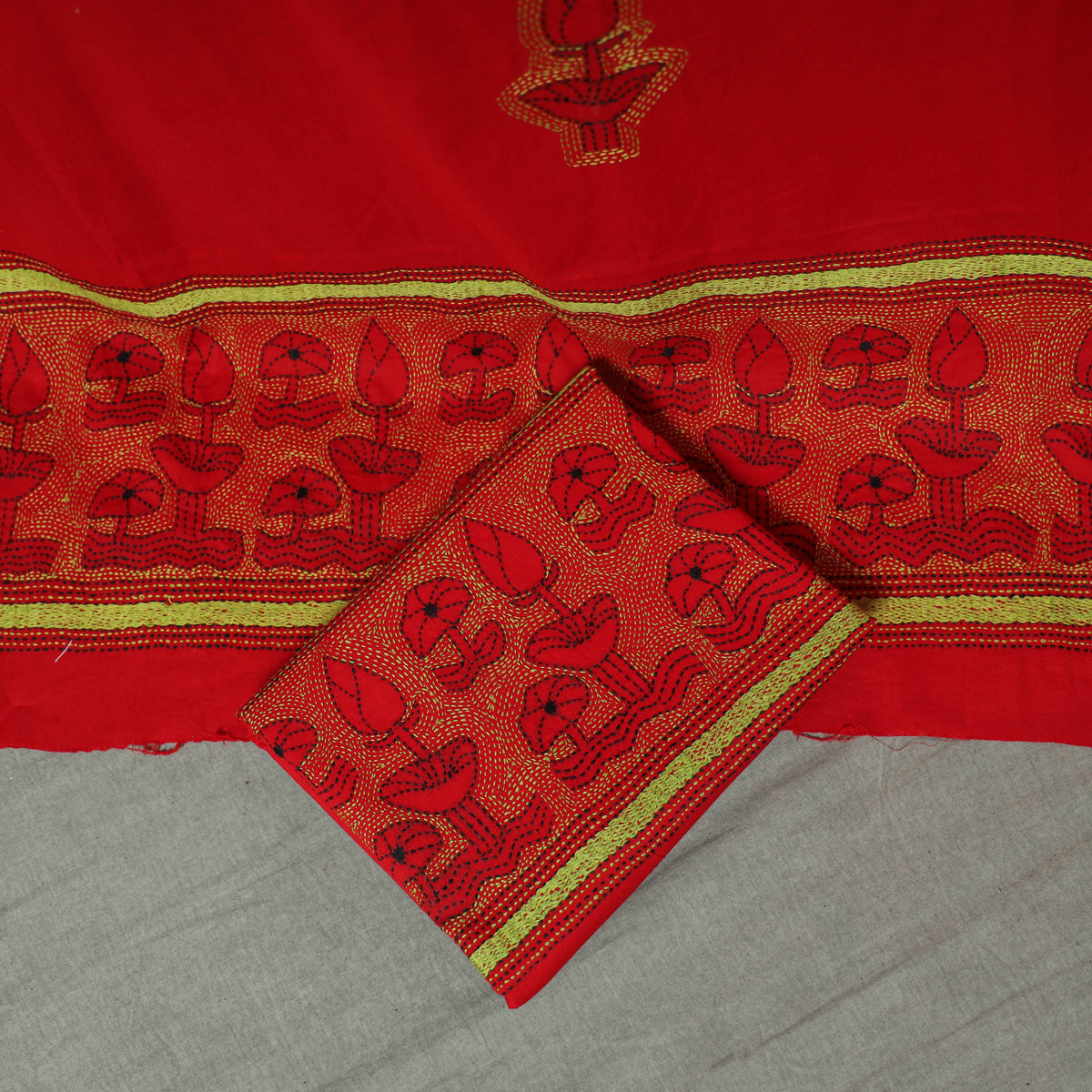 Bengal Kantha Hand Embroidered Cotton Unstitched Dress Material: Kurta, Bottom & Dupatta 01