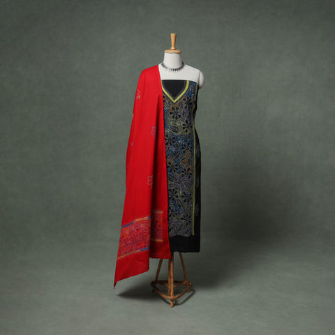 Black - Bengal Kantha Hand Embroidered Cotton Unstitched Dress Material: Kurta, Bottom & Dupatta 02