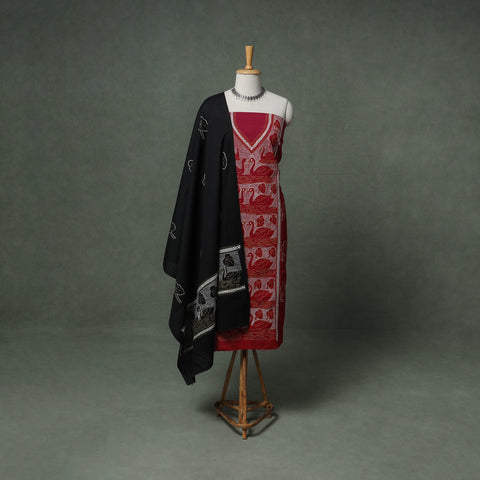 Red - Bengal Kantha Hand Embroidered Cotton Unstitched Dress Material: Kurta, Bottom & Dupatta 03