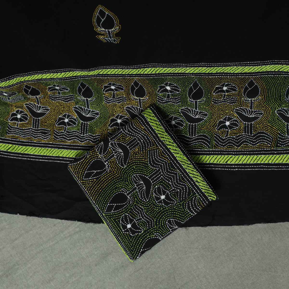 Bengal Kantha Hand Embroidered Cotton Unstitched Dress Material: Kurta, Bottom & Dupatta 04