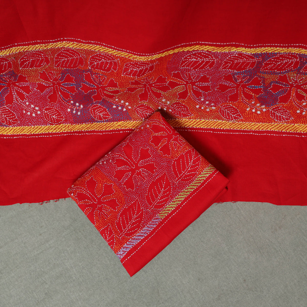 Bengal Kantha Hand Embroidered Cotton Unstitched Dress Material: Kurta, Bottom & Dupatta 05
