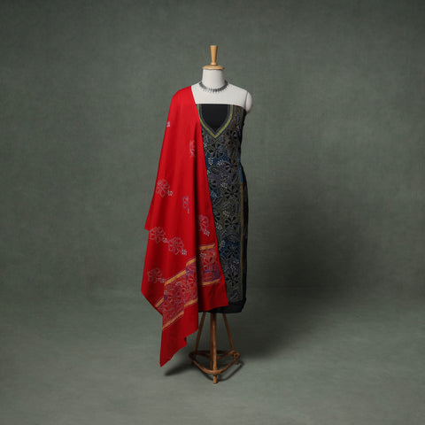 Black - Bengal Kantha Hand Embroidered Cotton Unstitched Dress Material: Kurta, Bottom & Dupatta 05