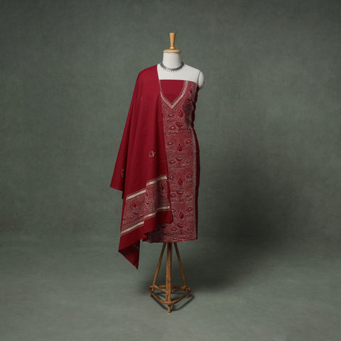 Maroon - Bengal Kantha Hand Embroidered Cotton Unstitched Dress Material: Kurta, Bottom & Dupatta 07