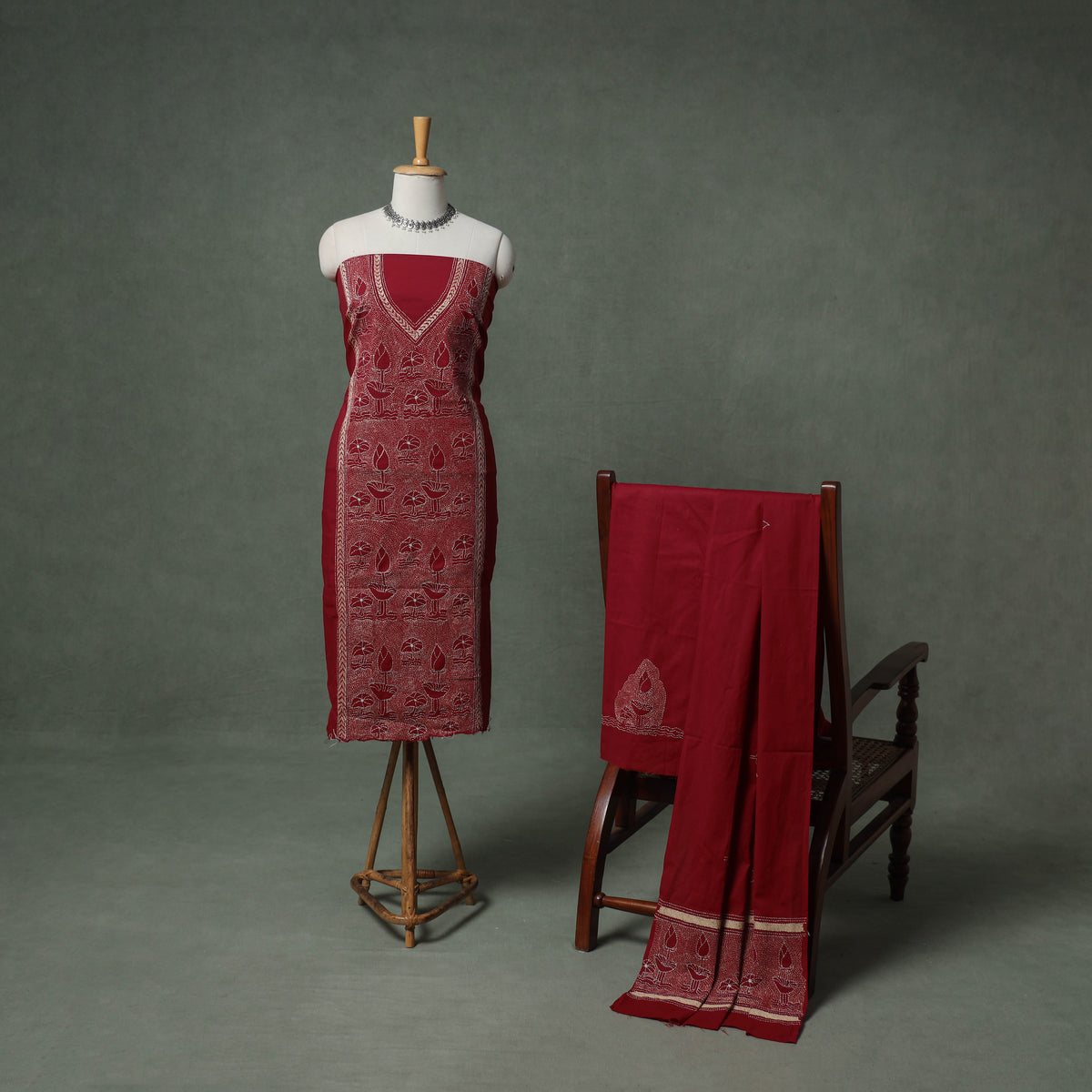 Bengal Kantha Hand Embroidered Cotton Unstitched Dress Material: Kurta, Bottom & Dupatta 07