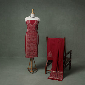 Bengal Kantha Hand Embroidered Cotton Unstitched Dress Material: Kurta, Bottom & Dupatta 07