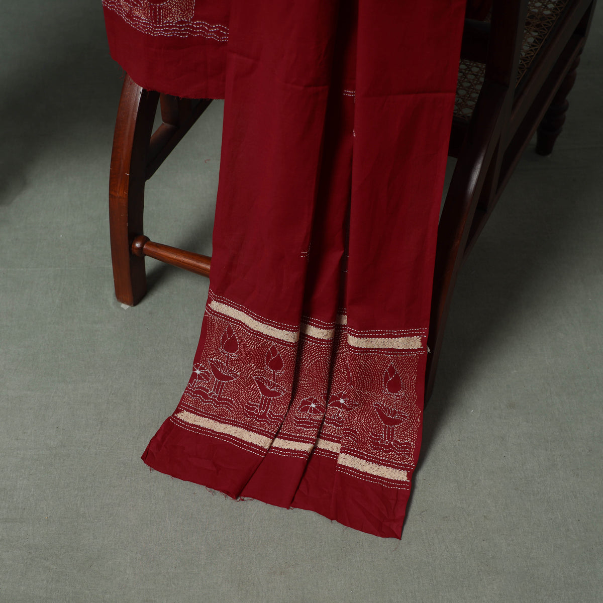 Bengal Kantha Hand Embroidered Cotton Unstitched Dress Material: Kurta, Bottom & Dupatta 07