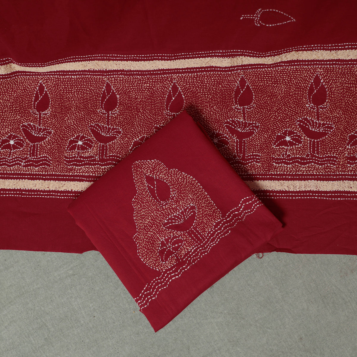 Bengal Kantha Hand Embroidered Cotton Unstitched Dress Material: Kurta, Bottom & Dupatta 07