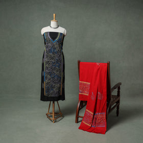 Bengal Kantha Hand Embroidered Cotton Unstitched Dress Material: Kurta, Bottom & Dupatta 09