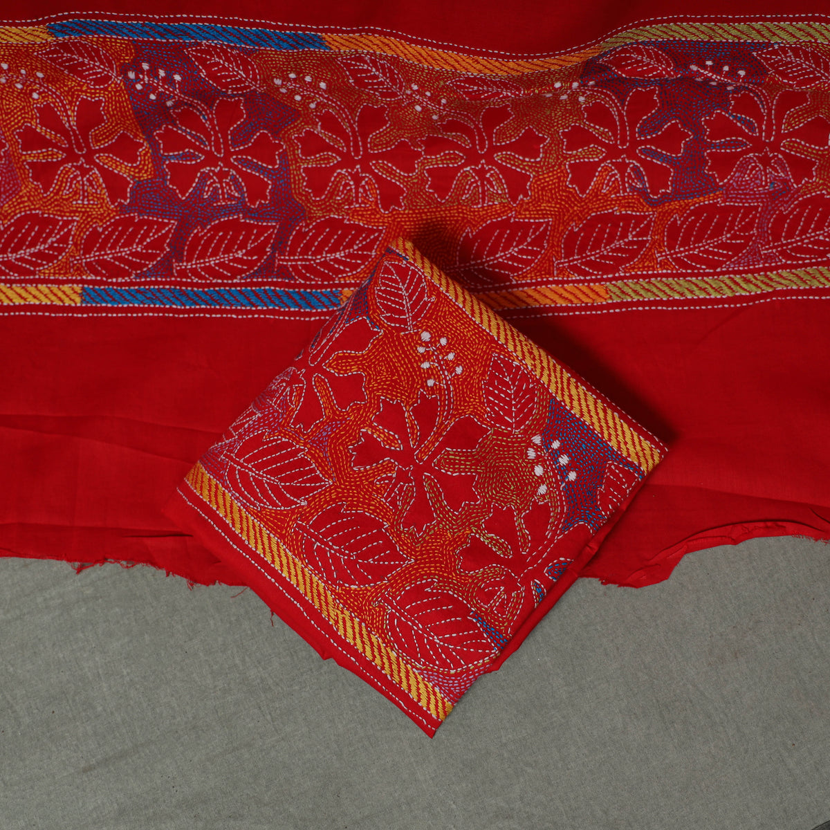 Bengal Kantha Hand Embroidered Cotton Unstitched Dress Material: Kurta, Bottom & Dupatta 09