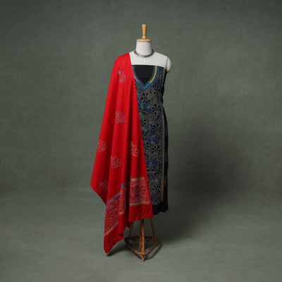 Bengal Kantha Hand Embroidered Cotton Unstitched Dress Material: Kurta, Bottom & Dupatta 09