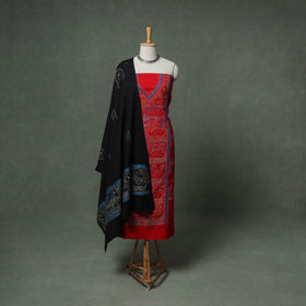 Bengal Kantha Hand Embroidered Cotton Unstitched Dress Material: Kurta, Bottom & Dupatta 08