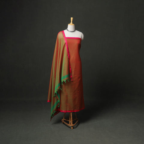 Dharwad Cotton Plain Zari Border Unstitched Dress Material: Kurta, Bottom & Dupatta 05
