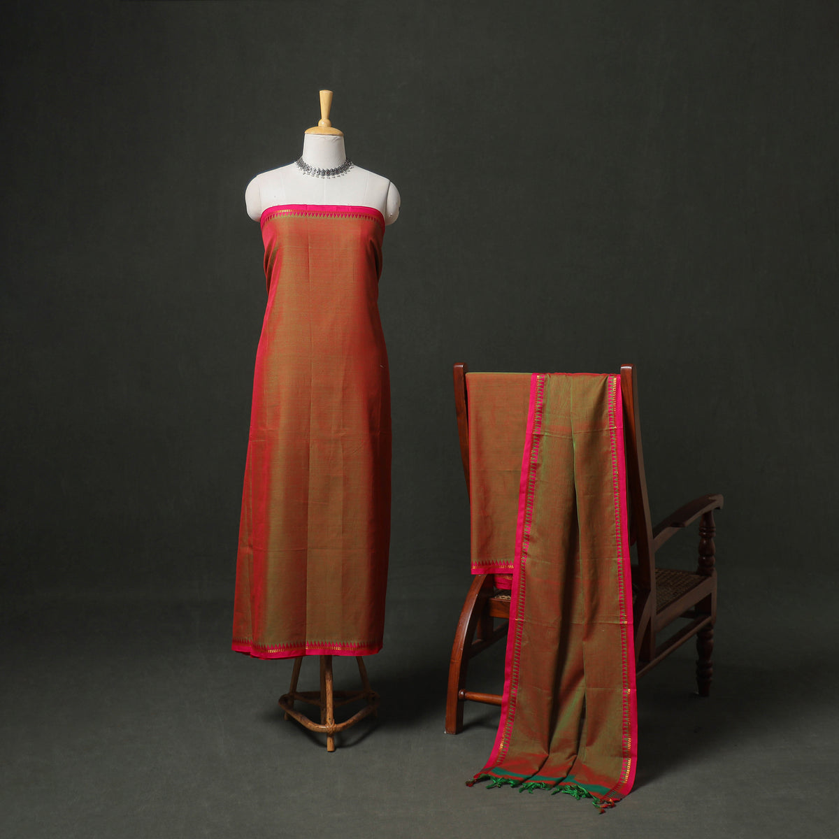 Dharwad Cotton Plain Zari Border Unstitched Dress Material: Kurta, Bottom & Dupatta 05