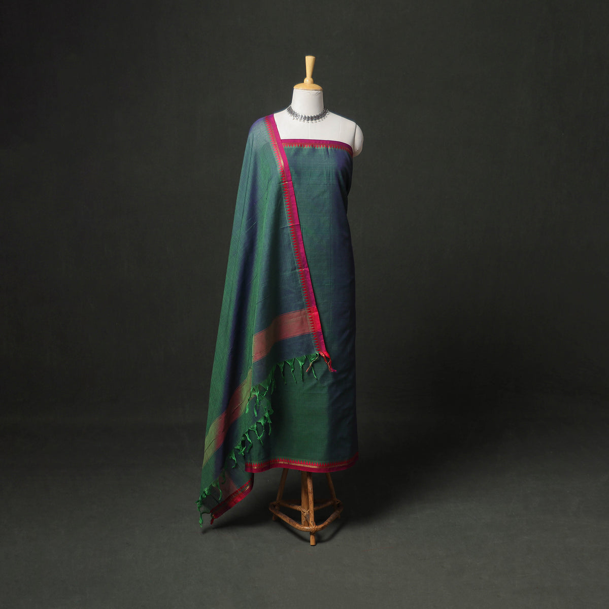 Dharwad Cotton Plain Zari Border Unstitched Dress Material: Kurta, Bottom & Dupatta 06