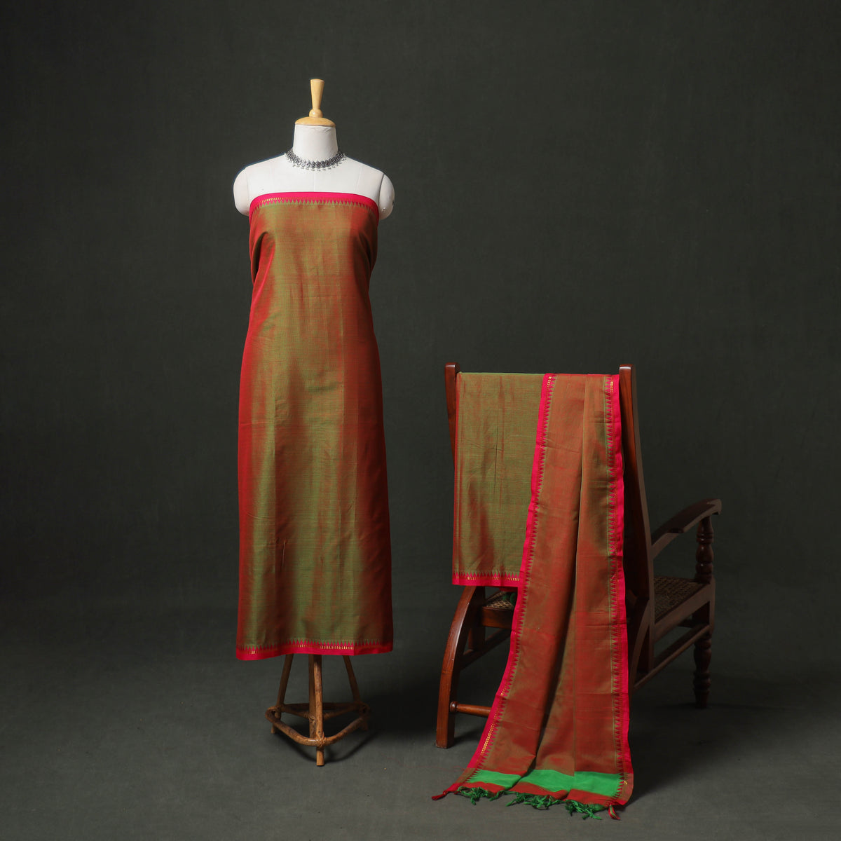 Dharwad Cotton Plain Zari Border Unstitched Dress Material: Kurta, Bottom & Dupatta 07