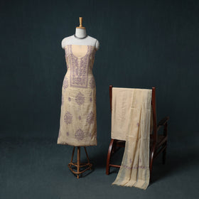 Lucknowi Chikankari Mukaish Work Mul Chanderi Unstitched Dress Material: Kurta, Bottom & Dupatta 02