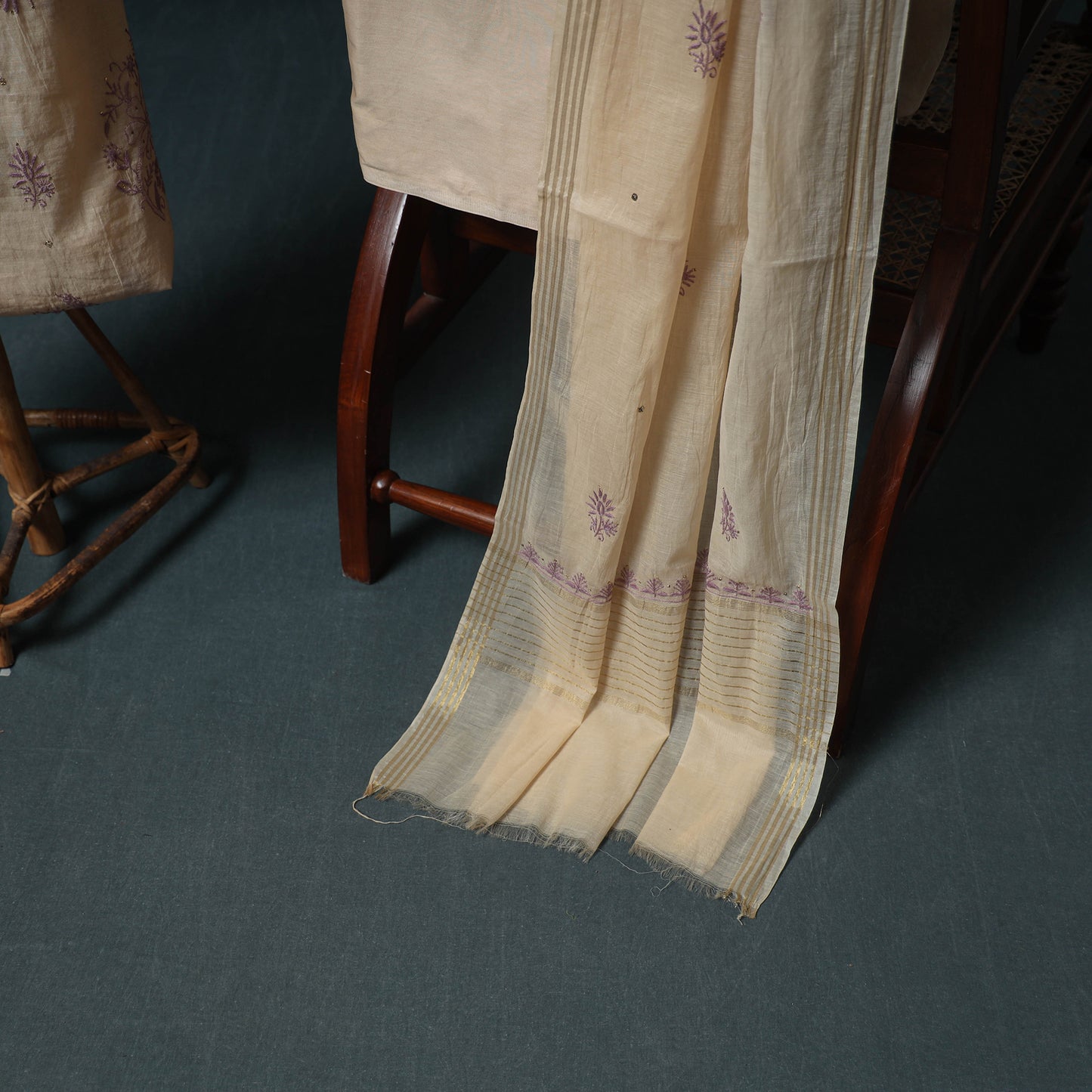 Lucknowi Chikankari Mukaish Work Mul Chanderi Unstitched Dress Material: Kurta, Bottom & Dupatta 02