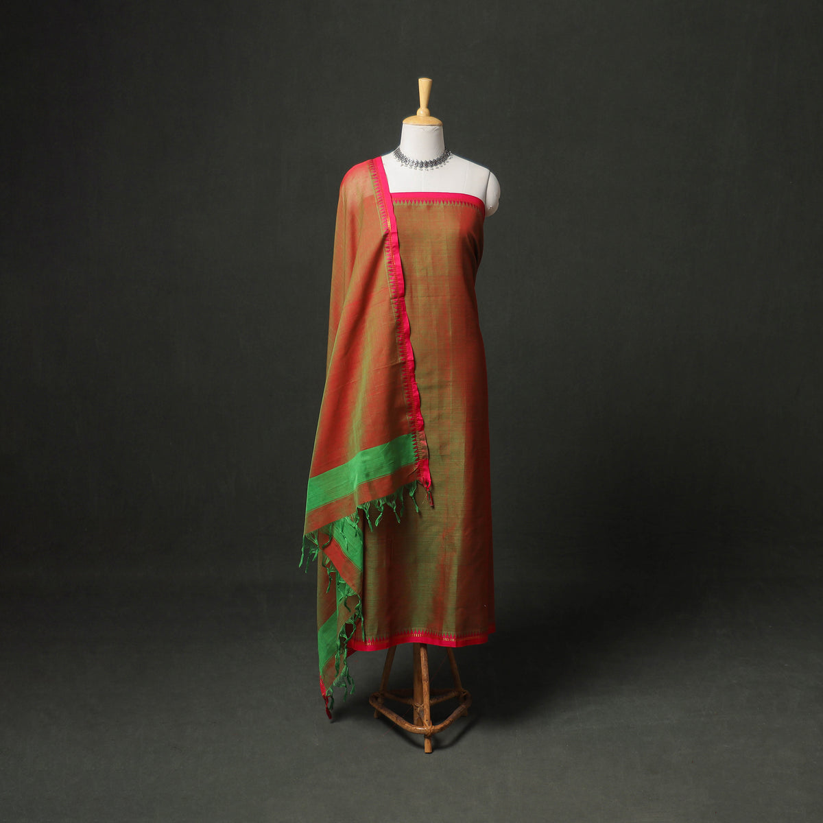 Dharwad Cotton Plain Zari Border Unstitched Dress Material: Kurta, Bottom & Dupatta 07