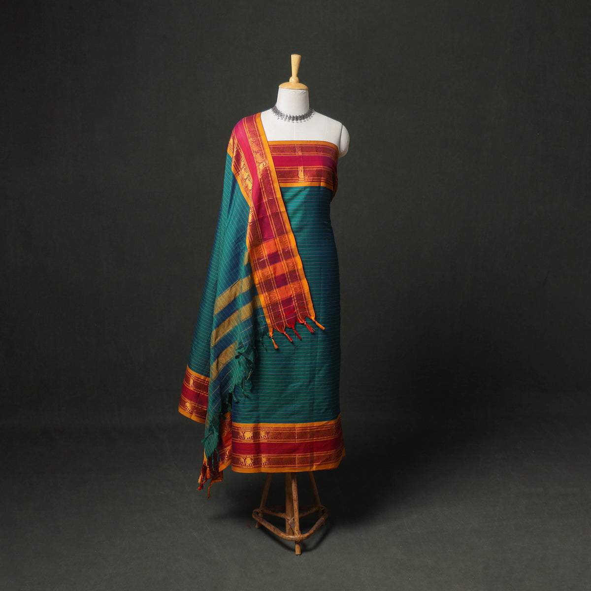 Green - dharwad cotton stripes plain zari border unstitched