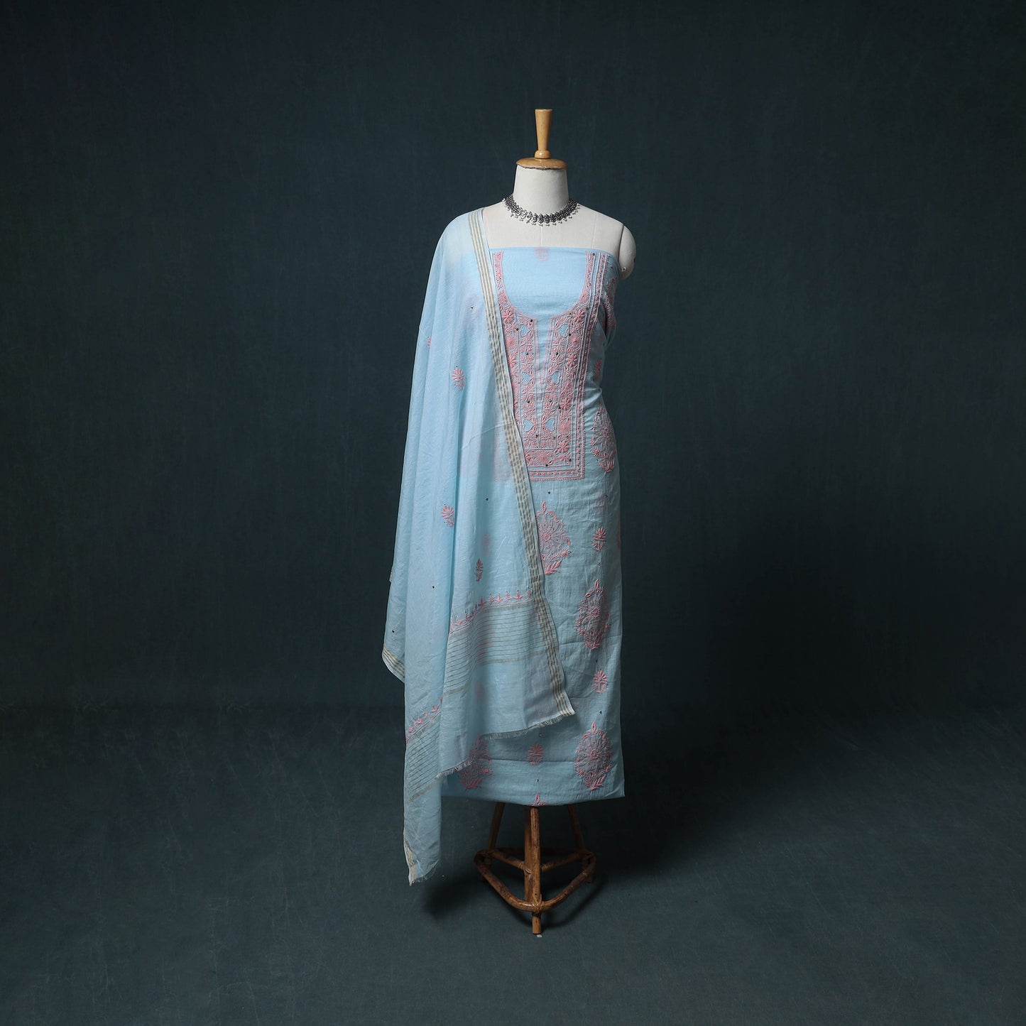 Lucknowi Chikankari Mukaish Work Mul Chanderi Unstitched Dress Material: Kurta, Bottom & Dupatta 01