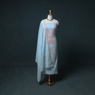 Lucknowi Chikankari Mukaish Work Mul Chanderi Unstitched Dress Material: Kurta, Bottom & Dupatta 01