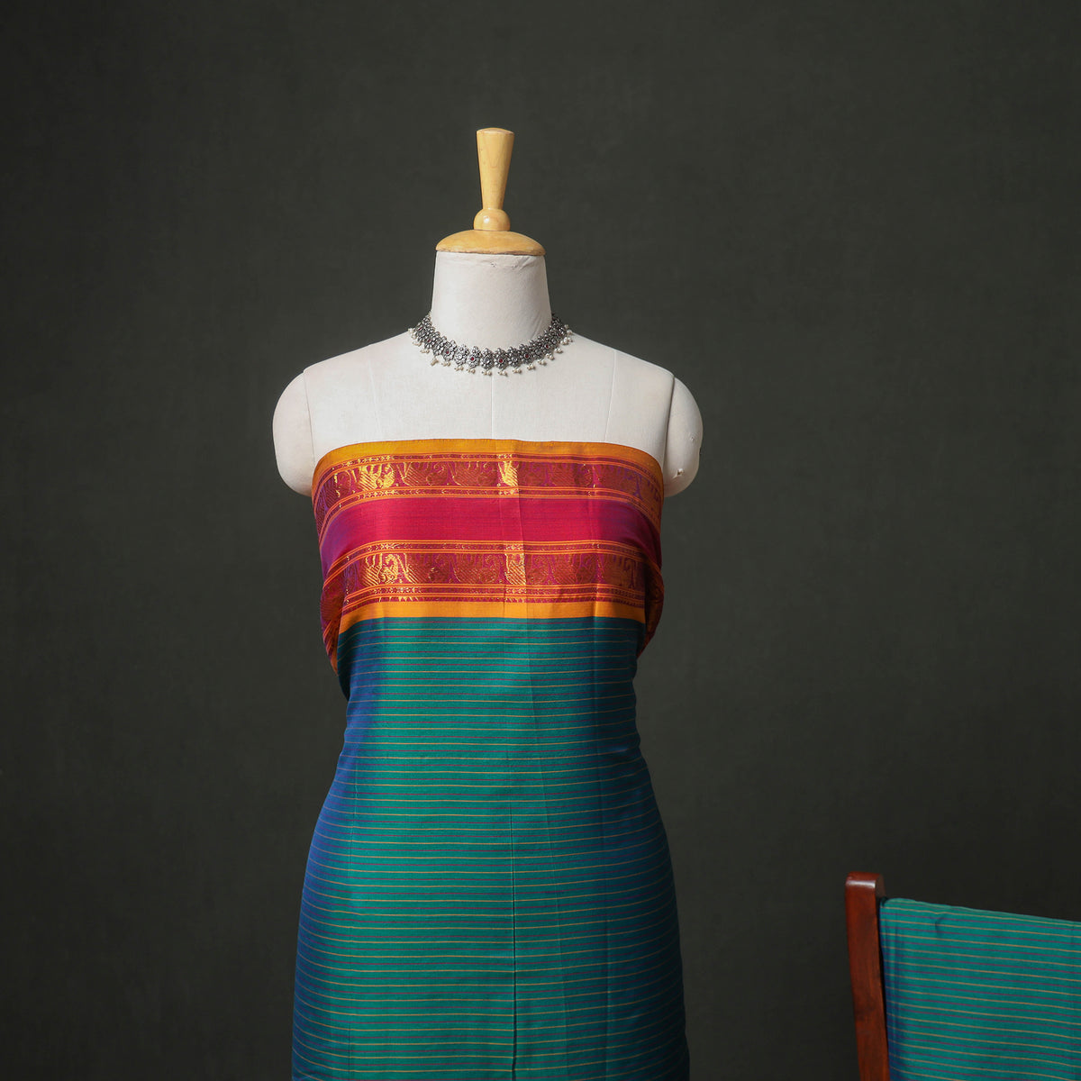 Green - dharwad cotton stripes plain zari border unstitched