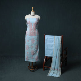 Lucknowi Chikankari Mukaish Work Mul Chanderi Unstitched Dress Material: Kurta, Bottom & Dupatta 01