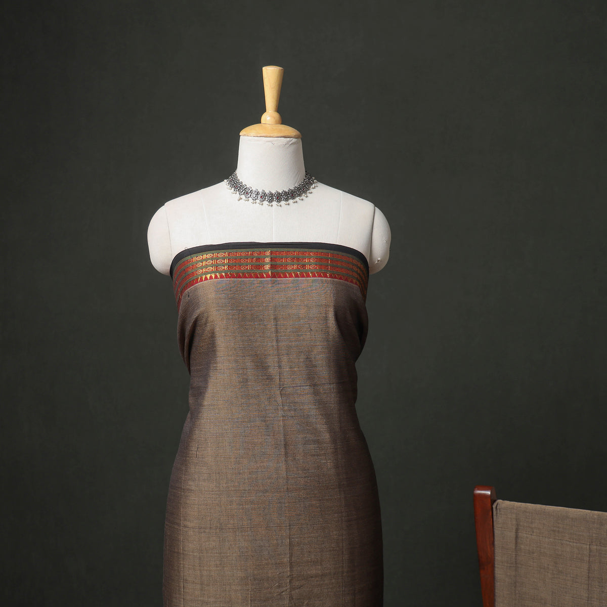 Brown - dharwad cotton plain zari border unstitched dress