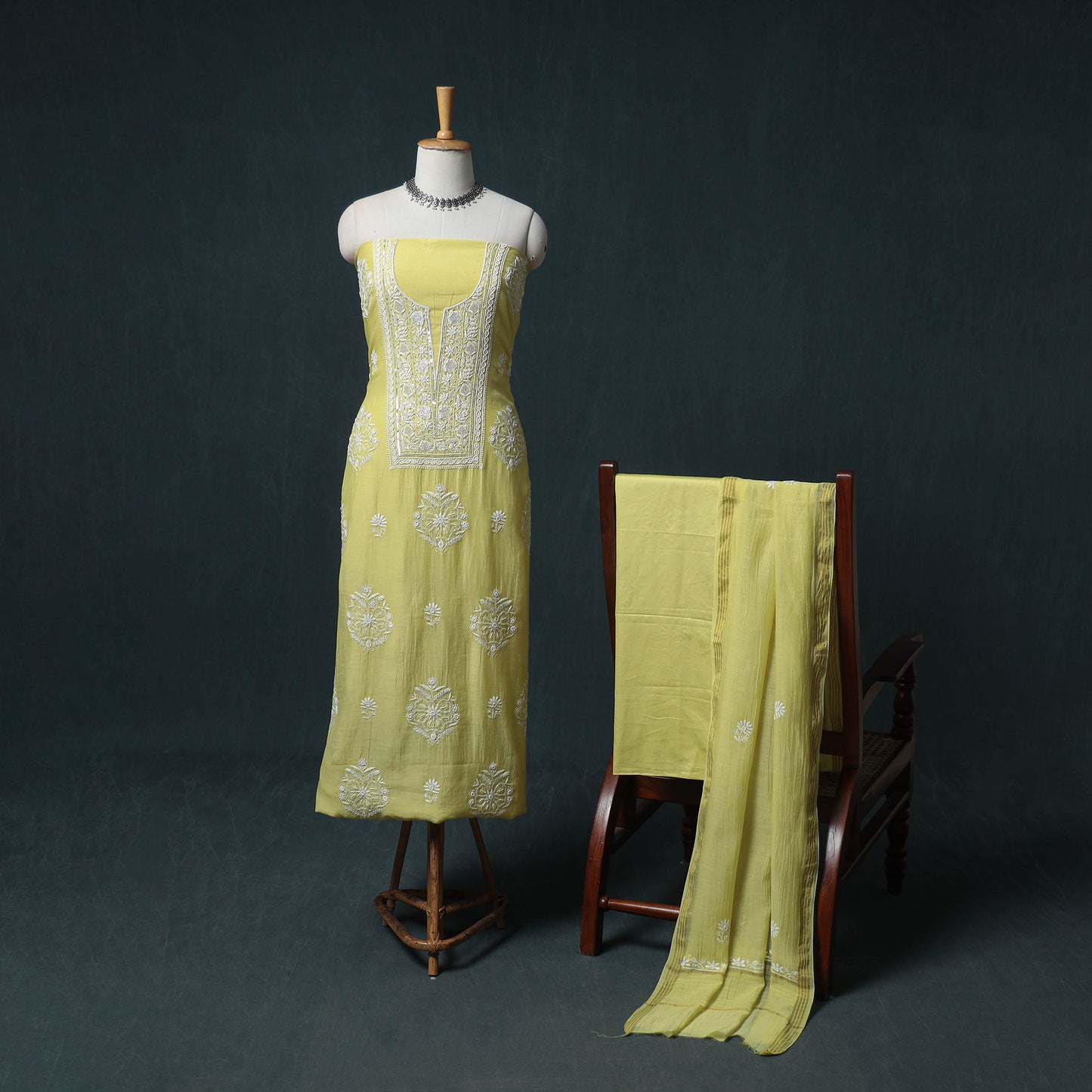 Lucknowi Chikankari Heavy Sequin & Beadwork Mul Chanderi Unstitched Dress Material: Kurta, Bottom & Dupatta 03