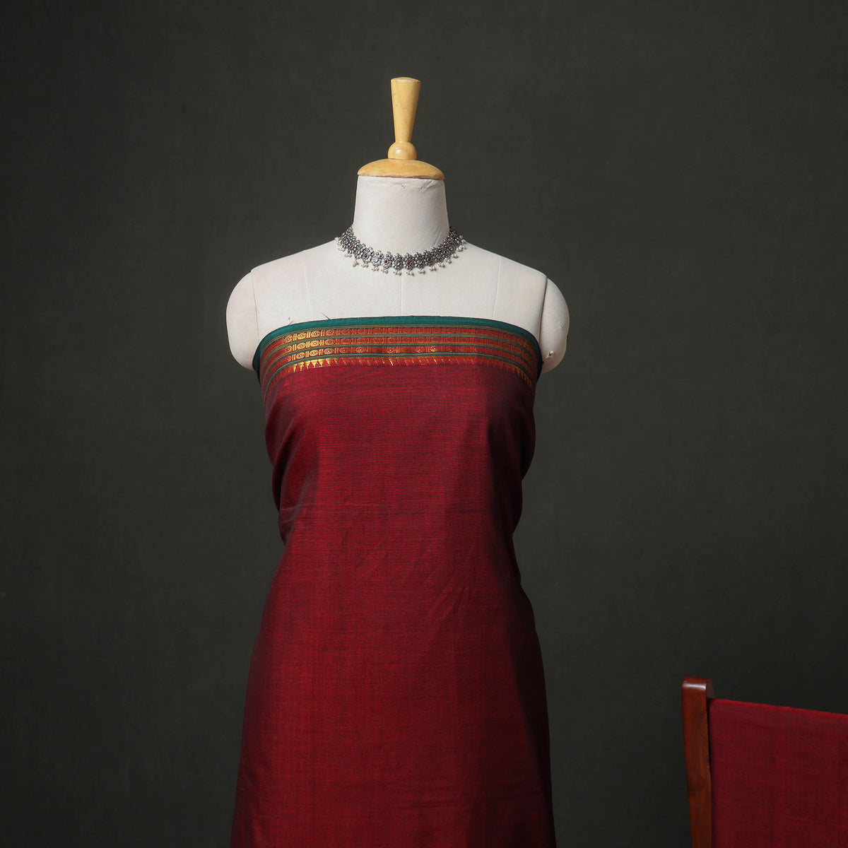 Maroon - dharwad cotton plain zari border unstitched dress