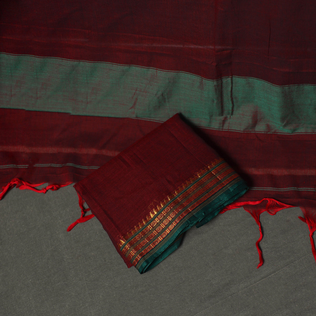 Maroon - dharwad cotton plain zari border unstitched dress