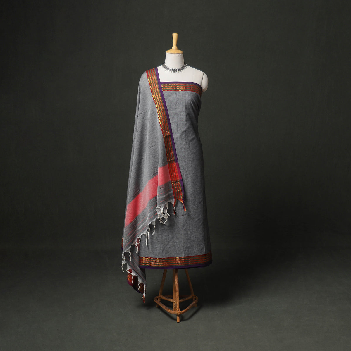 Grey - Dharwad Cotton Plain Zari Border Unstitched Dress Material: Kurta, Bottom & Dupatta 12