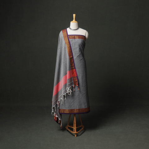Dharwad Cotton Plain Zari Border Unstitched Dress Material: Kurta, Bottom & Dupatta 12