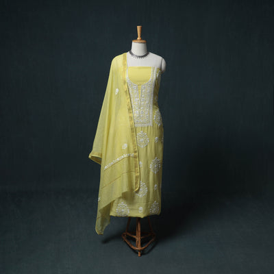 Lucknowi Chikankari Heavy Sequin & Beadwork Mul Chanderi Unstitched Dress Material: Kurta, Bottom & Dupatta 03