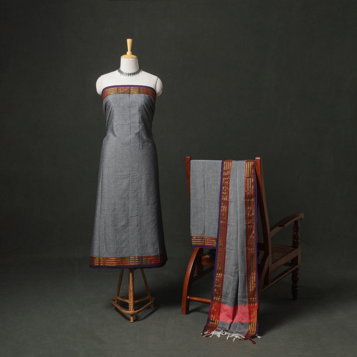 Grey - Dharwad Cotton Plain Zari Border Unstitched Dress Material: Kurta, Bottom & Dupatta 12