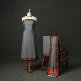 Grey - Dharwad Cotton Plain Zari Border Unstitched Dress Material: Kurta, Bottom & Dupatta 12