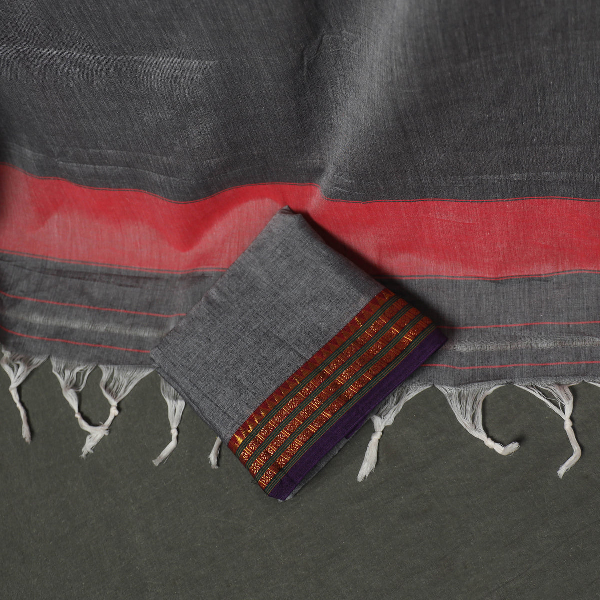 Grey - Dharwad Cotton Plain Zari Border Unstitched Dress Material: Kurta, Bottom & Dupatta 12