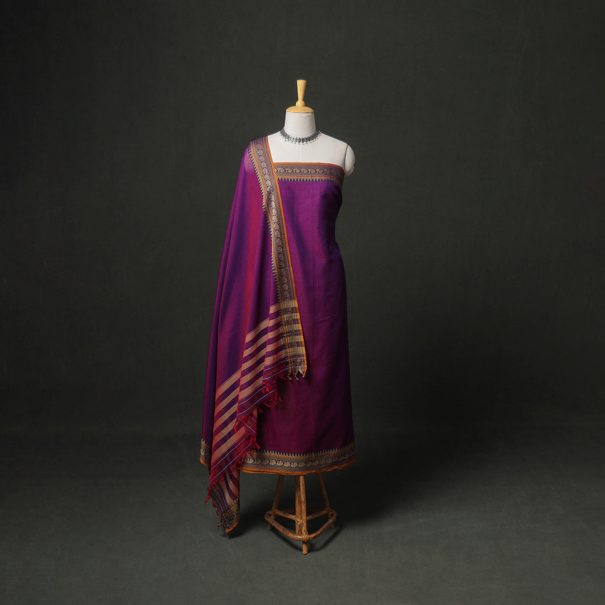 Dharwad Cotton Plain Thread Border Unstitched Dress Material: Kurta, Bottom & Dupatta 13