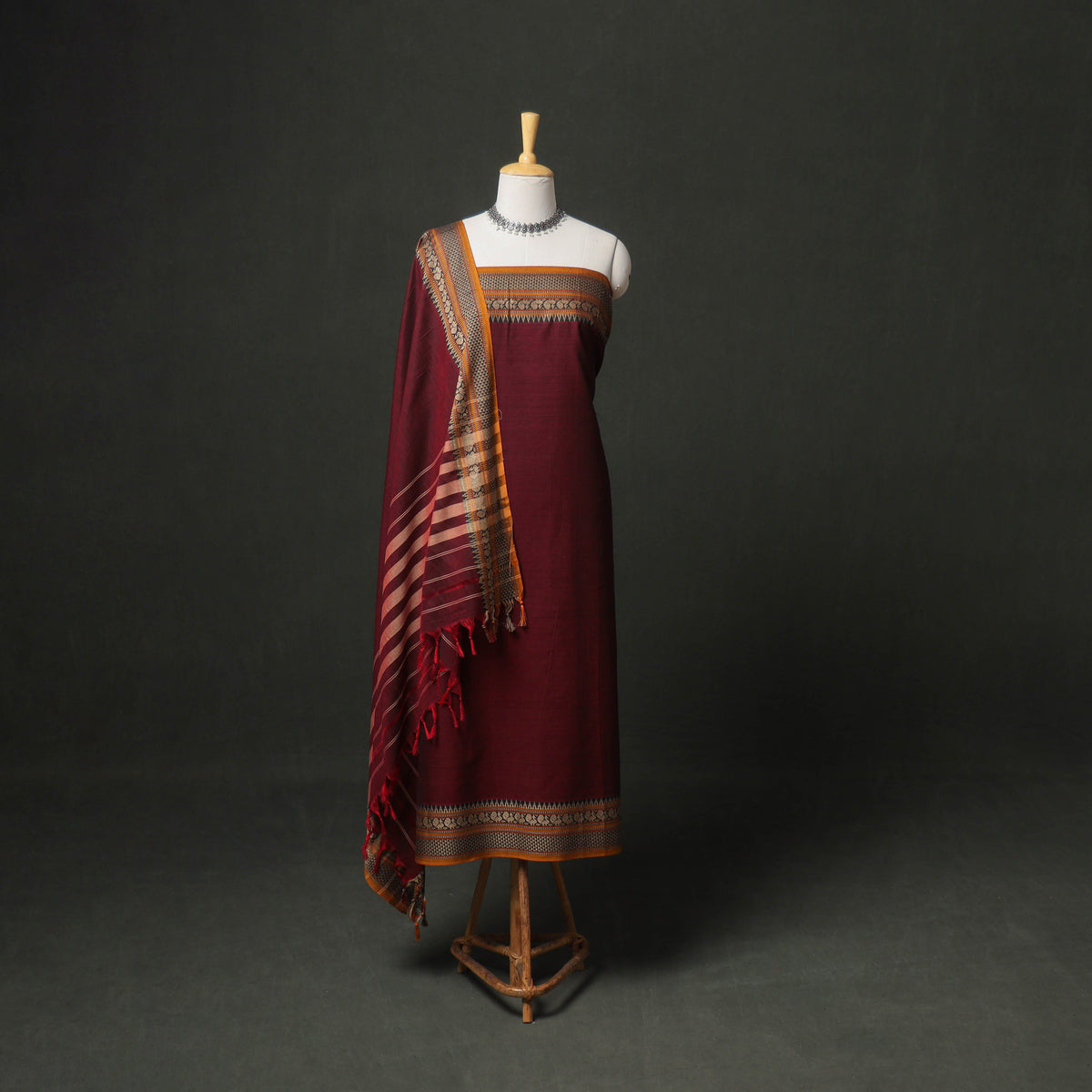 Dharwad Cotton Plain Thread Border Unstitched Dress Material: Kurta, Bottom & Dupatta 14