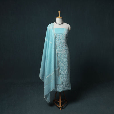 Lucknowi Chikankari Mukaish Work Mul Chanderi Unstitched Dress Material: Kurta, Bottom & Dupatta 06