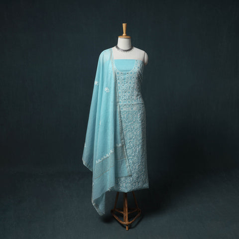 Lucknowi Chikankari Mukaish Work Mul Chanderi Unstitched Dress Material: Kurta, Bottom & Dupatta 06