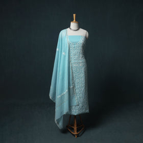 Lucknowi Chikankari Mukaish Work Mul Chanderi Unstitched Dress Material: Kurta, Bottom & Dupatta 06