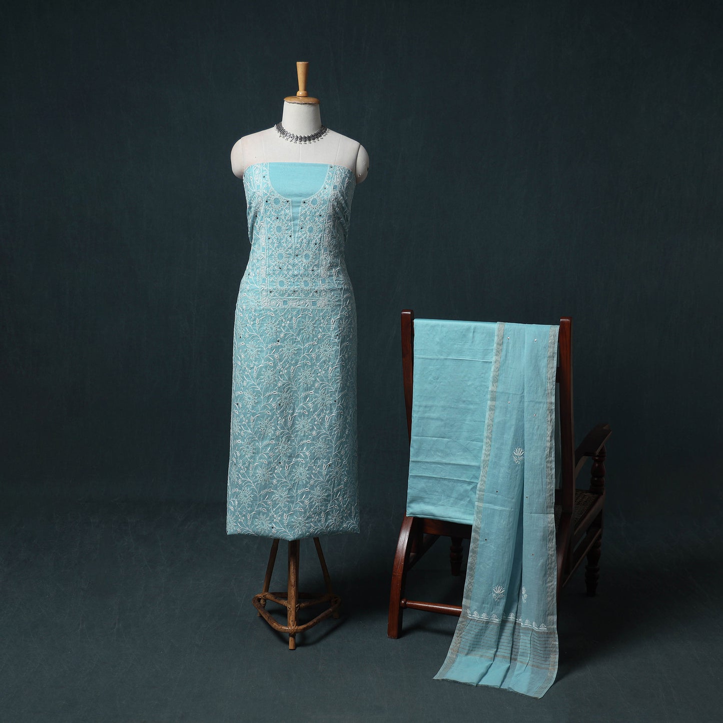 Lucknowi Chikankari Mukaish Work Mul Chanderi Unstitched Dress Material: Kurta, Bottom & Dupatta 06