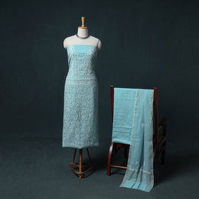 Lucknowi Chikankari Mukaish Work Mul Chanderi Unstitched Dress Material: Kurta, Bottom & Dupatta 06