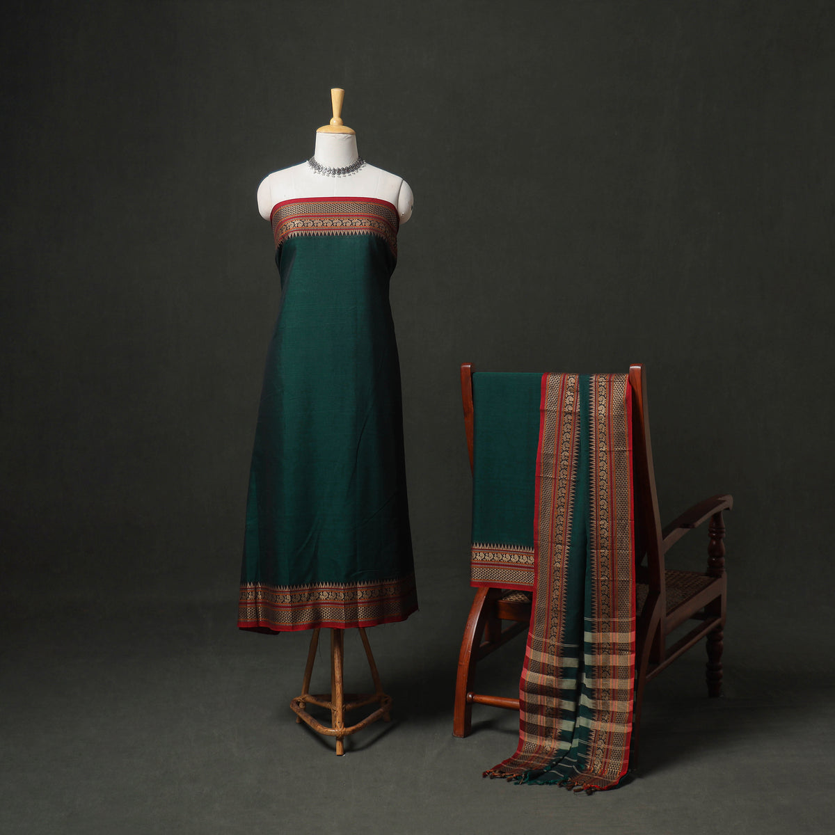 Dharwad Cotton Plain Thread Border Unstitched Dress Material: Kurta, Bottom & Dupatta 15