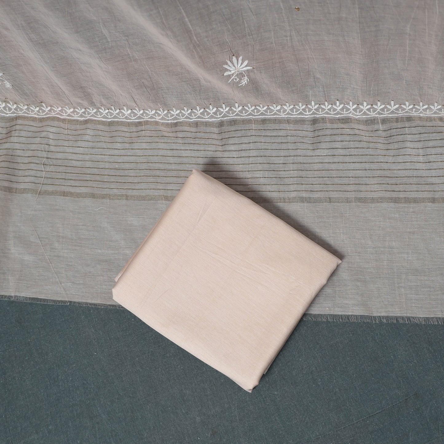 Lucknowi Chikankari Mukaish Work Mul Chanderi Unstitched Dress Material: Kurta, Bottom & Dupatta 07
